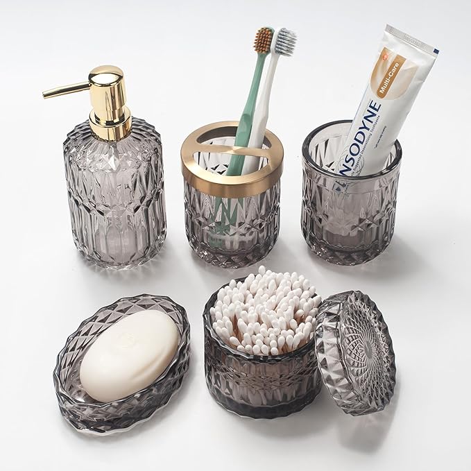 IVAILEX 5PCS Grey Glass Bathroom Accessories Sets of Lotion Dispenser, Soap Dish, Toothbrush Holder, Tumbler, Cotton Swab Jars, Modern Bath Decor, Vintage Gift