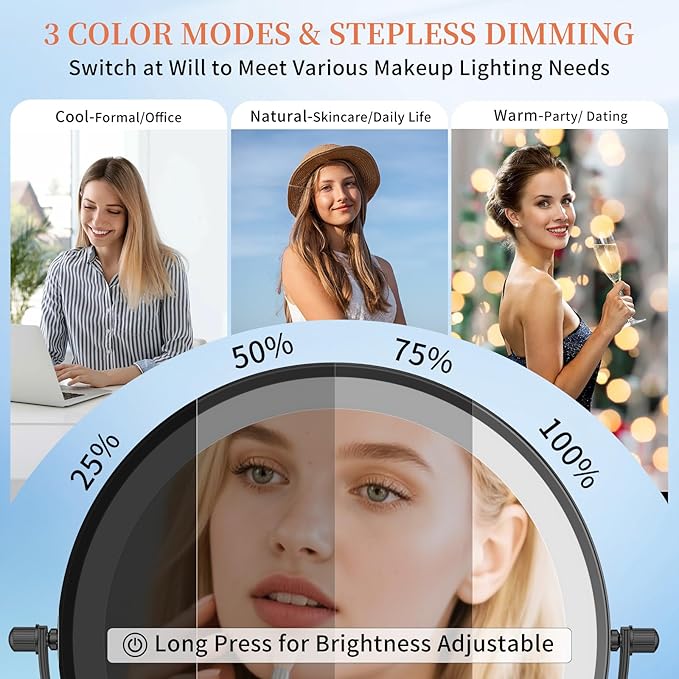 FUNTOUCH 5000mAh Rechargeable Wall Mounted Makeup Mirror with Lights, 8.7" Double Sided 1X/30X Magnifying Mirror with Dimmable 3 Color Light, Extended Swing Arm 360° Wall Mount Bathroom Mirror, Black