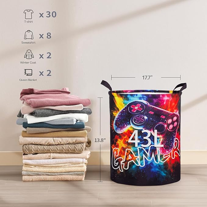 2Pcs Basketball Cute Kids Laundry Basket Baby Nursery Hamper Boys Room Decor Foldable Oxford Cloth Funny Tote Clothes Storage Bucket Organizer For Bedroom (Gamepad)
