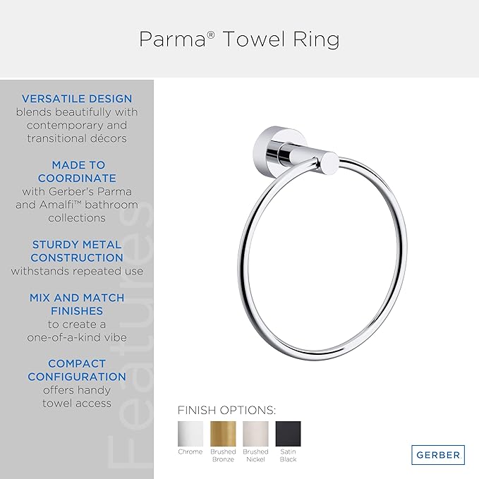 Gerber Parma Wall Mounted Hand Towel Holder - Modern Round Chrome Towel Ring for Bathroom Wall - D446158