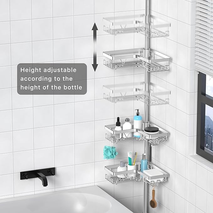 KEGII 6-Tier Corner Shower Caddy Tension Pole, Adjustable Shower Tension Rod Organizer, Floor to Ceiling Shower Caddy 25-114.2 inch, Silver