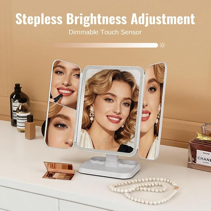 LED Foldable Makeup Mirror with 1x/2x/3x Magnification, 3 Color Lighting Modes, Touch Control Dimmable Vanity Mirror, Rechargeable Cosmetic Mirror for Travel & Home (Small)