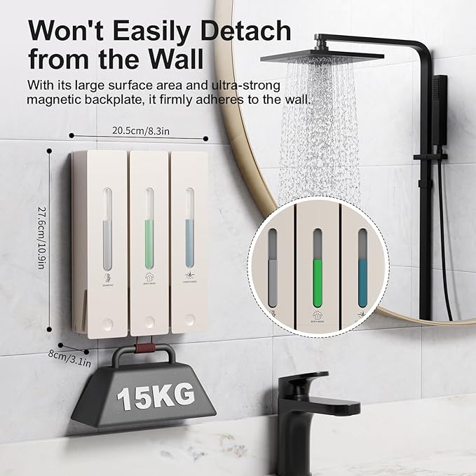 Shampoo and Conditioner Dispenser - Wall-Mounted 3-Chamber Shower Soap Dispenser