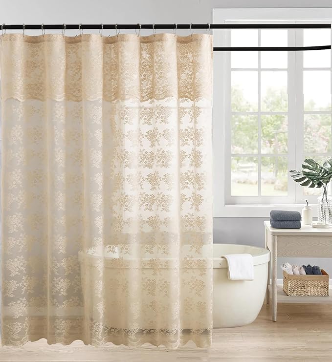 YJ YANJUN Beige Lace Shower Curtain with Attached Valance Vintage Floral Cottage Core Shower Curtain for Bathroom Antique Boho Shabby Chic Scallop Edge Bathroom Curtains 1 Panel, 72 x 72 Inch