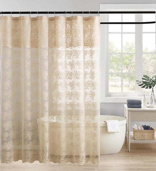 YJ YANJUN Beige Lace Shower Curtain with Attached Valance Vintage Floral Cottage Core Shower Curtain for Bathroom Antique Boho Shabby Chic Scallop Edge Bathroom Curtains 1 Panel, 72 x 72 Inch
