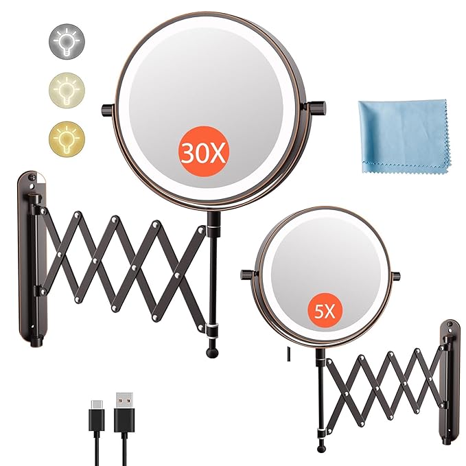 Rechargeable Wall Mounted Makeup Mirror - 8 Inch Double Sided 30X/5X Magnifying Mirror with 3 Color Lights Dimmable Touch Screen, 360°Swivel 19.6 Inch Extendable Accordion Bathroom Mirror