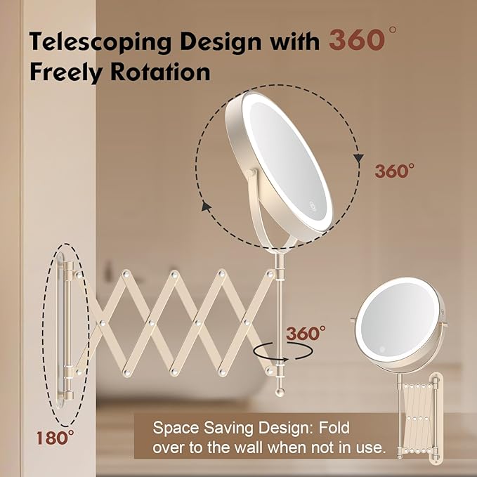 5000mAh Rechargeable Wall Mounted Makeup Mirror - 8 Inch Double Sided 1X/30X Magnifying Mirror with 3 Color Lights Dimmable Touch Screen, 360°Swivel 19.6 Inch Extendable Accordion Bathroom Mirror