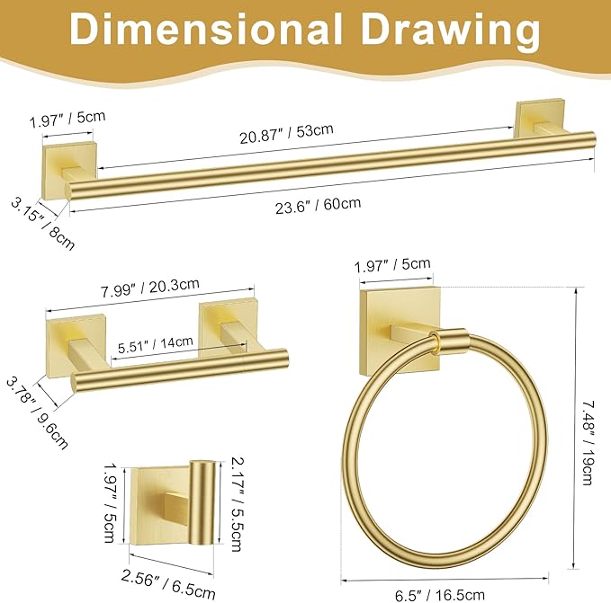 10 Pieces Brushed Gold Towel Bar Set, Double Dase Toilet Paper Holder Bathroom Hardware Set, 23.6 Inch Stainless Steel Towel Rack for Bathroom Wall Mounted