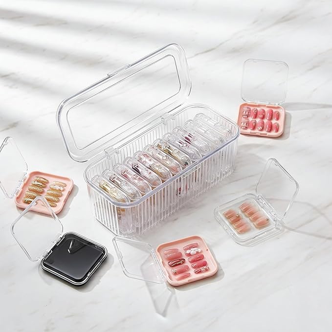 26 Pcs Press On Nail Storage Box, 2.95 Inch Clear Acrylic, with 2 Large Storage box & 120 Adhesive Tapes, Fake Nail Display Container for Nail Salon Business and Personal Use