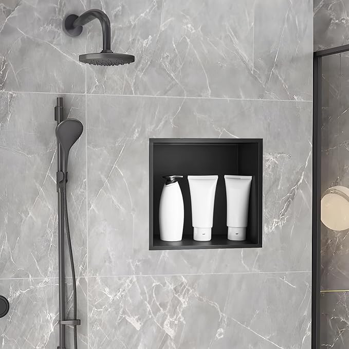 SaniteModar Shower Niche, Stainless Steel Shower Niche No Tile Needed, Recessed for Bathroom Storage (Matte Black, 12x12)
