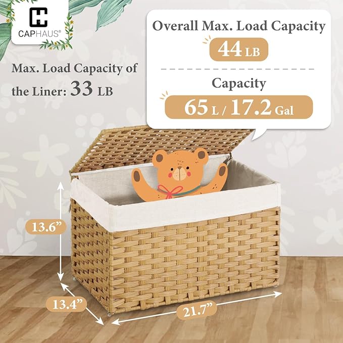 CAPHAUS Foldable Laundry Basket w/Lid, Synthetic Rattan Hamper w/Handles, 2 Removable Liner Bags, Large Storage Basket, 65L, Natural