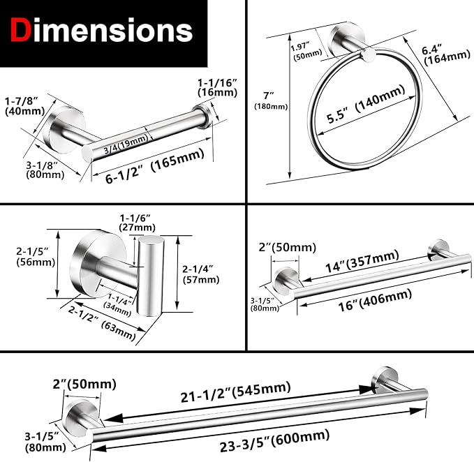 12 Pieces Brushed Nickel Bathroom Hardware Accessories Set Hand Towel Ring 16&23.6 inch Round Towel Bar Silver Toilet Paper Holder Towel Hooks 4 Pieces SUS 304 Stainless Steel,Heavy Duty,Wall Mounted