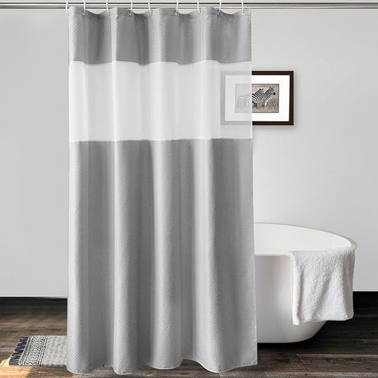 UFRIDAY Waffle Weave Fabric Shower Curtain with Mesh Window, Grey Waffle Weave Fabric Stall 54 x 78 Shower Curtain,Heavy Duty Decorative Bathroom Curtain, Spa-Like Hotel Luxury, Water-Repellent