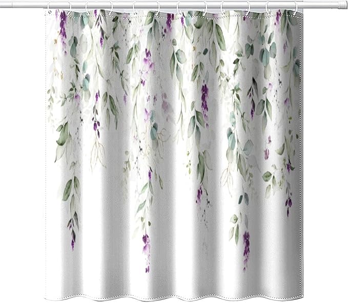 Purple Floral Shower Curtain Watercolor Flowers Modern Minimalist Wildflower Bathroom Decor Fabric Curtains with Hooks 66x72 Inches(168x183cm)