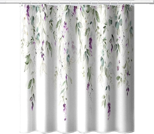 Purple Floral Shower Curtain Watercolor Flowers Modern Minimalist Wildflower Bathroom Decor Fabric Curtains with Hooks 66x72 Inches(168x183cm)