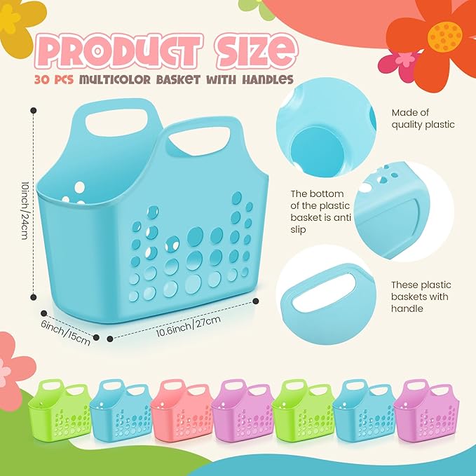 Nuogo 30 Pack Assorted Multicolor Basket with Handles Plastic Oval Carry Totes with Handles Caddy Multipurpose Organizer Reusable for Bathroom Dorm Communal Showers Kitchen School, 10.6" x 6" x 10"