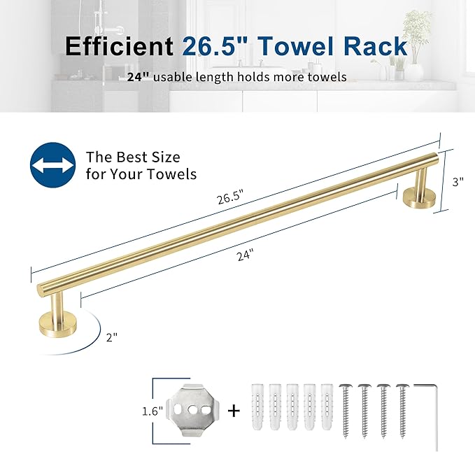 Brushed Gold Towel Bar, 24 Inch Towel Racks for Bathroom Wall Mounted, Thicken SUS304 Stainless Steel Heavy Duty Hand Towel Holder Organizer, Bathroom Accessories, Total Length 26.5 Inch