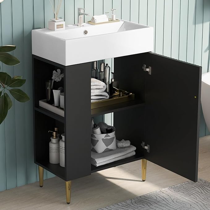 Virubi 21.6 in Small Bathroom Vanity with Sink,Doors and Storage Shelves,Wood Modern Single Fluted Bathroom Sink Cabinet Freestanding (Black,Left Shelf)