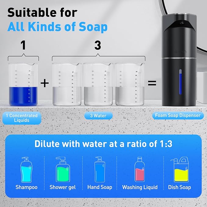 Fantictas Automatic Soap Dispenser,Touchless Hand Wall Mount Rechargeable 3 Gear Adjustable Electric Soap Dispenser 350ml with Infrared Motion Sensor for Bathroom,Kitchen,Office, Black Foam