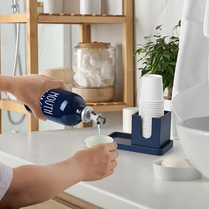 Glass Mouthwash Dispenser for Bathroom, 16 OZ Mouthwash Dispenser with Pour Spout and Wood Cup Holder and Tray, Mouth Wash Bottle Container, Farmhouse Kitchen Bathroom Decor and Accessories, Navy Blue
