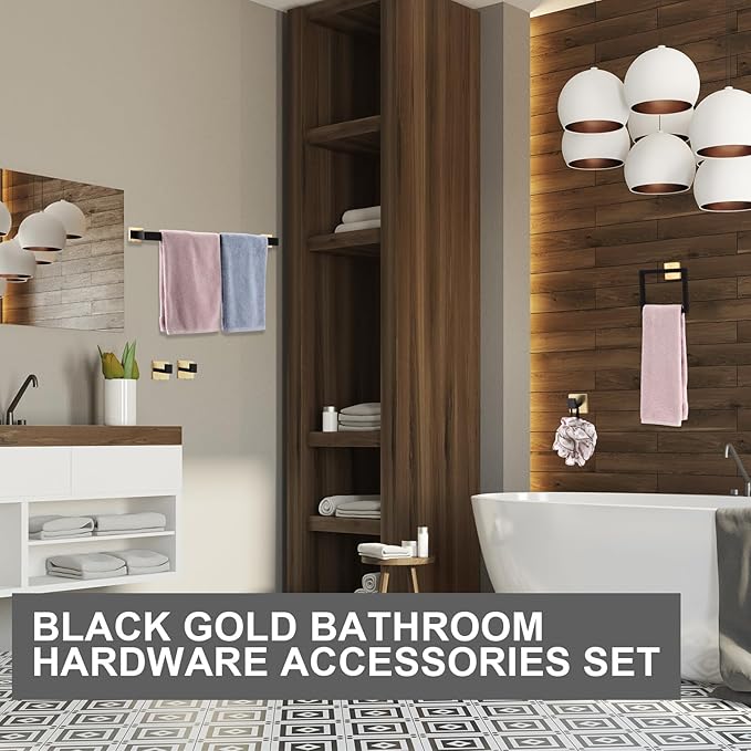 Gisafai 20 Pcs Black Gold Bathroom Hardware Accessories Set 23.6 Inch Bath Towel Bar Kit Stainless Steel Bathroom Hardware Set Towel Racks Ring Robe Hooks Paper Holder for Wall Mounted
