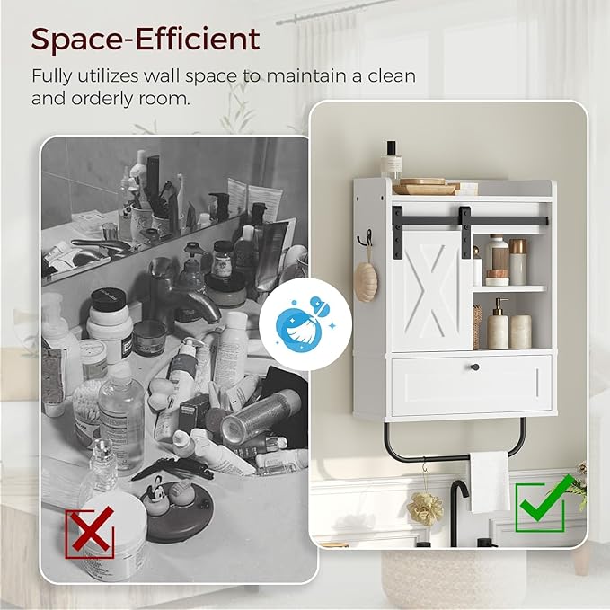 MAHANCRIS Bathroom Wall Cabinet, Farmhouse Medicine Cabinets with Sliding Door, Wall Mounted Storage Cabinet with Adjustable Shelf and Towel Bar, for Bathroom, Living Room, Kitchen, White