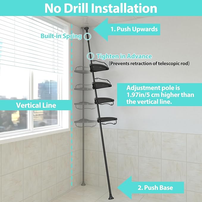 Corner Shower Caddy, 39-125 Inch Adjustable Height With ABS Shelves, Drill Free Organizer, 4 Layer Rustproof Metal Tension Pole, Large Storage, Black