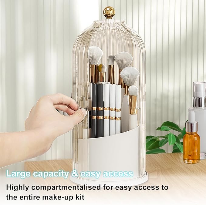 Qivine Makeup Brush Holder with Lid, 360° Rotating Brush Holder with Lid for Countertop, Cosmetics Makeup Brush Organizer with Lid for Bedroom, Dustproof Makeup Brush Holder for Vanity (White)