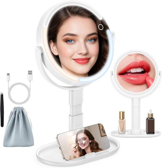 Makeup Mirror with Lights, 4000mAh Rechargeable Magnifying Mirror with 3 Colors Lights and Adjustable Brightness, 15X/1X Makeup Mirror, Height and 360°Adjustable, Valentine's Gifts for Women