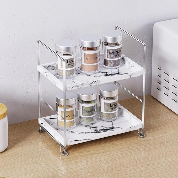 2-Tier Bathroom Organizer Countertop Perfume Makeup Shelf Cosmetics Storage Shelf Display Rack Vanity Dresser,Kitchen Spice Rack,Plastics Imitation Marble Design,Tool-Less Install(Sliver)