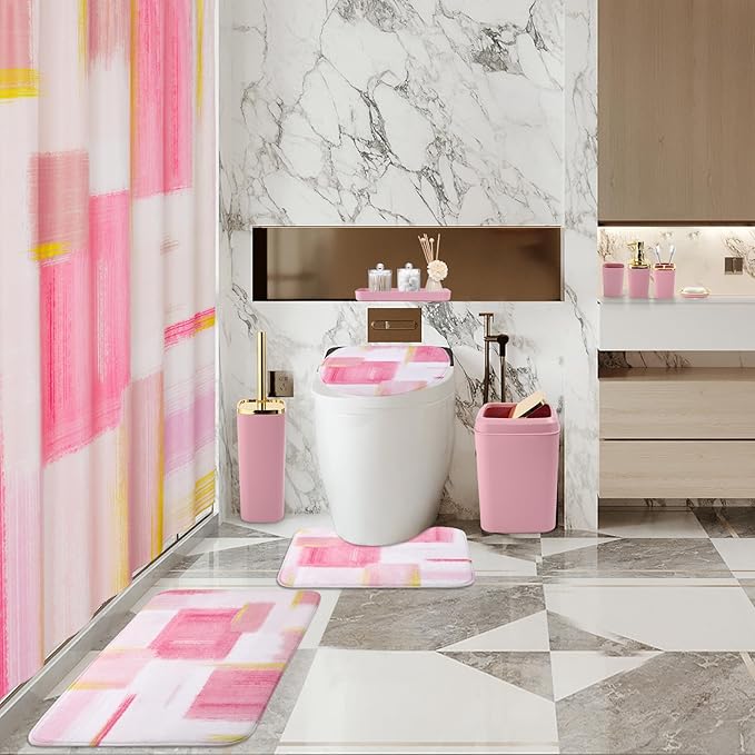 XLHOMO Bathroom Set - Pink and Gold Bathroom Accessories Set, Bathroom Sets with Shower Curtain and Rugs, Pink Shower Curtain Set with Bathroom Trash Can, Soap Dispenser, Soap Dish for Home Decor