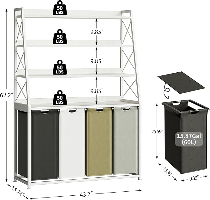 Herture Laundry Basket, 4 Section Laundry Hamper with 4 Tiers Shelf, Pull-Out and Removable Laundry Bags, Large 4 x 15.87 Gallons, for Laundry Room Bathroom White PF12XLE