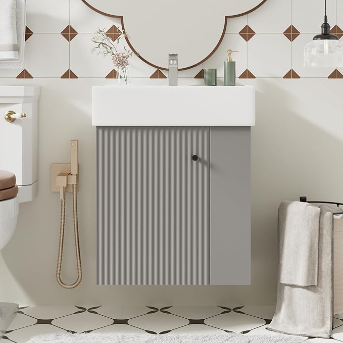 Virubi 21.6 in Floating Bathroom Vanity with Sink,Soft Closing Doors,Solid Wood Frame & MDF Modern Single Small Bathroom Vanity Cabinet with Open Shelf,Wall Mounted (Grey,Right Shelves)
