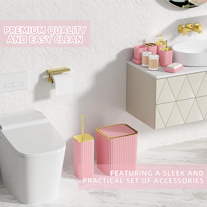 XLHOMO Bathroom Accessory Set - 26PC Bathroom Shower Curtain and Rug Set, Bathroom Accessories Set, Pink Bathroom Set with Trash Can, Toilet Brush, Qtip Holder & Soap Dispenser