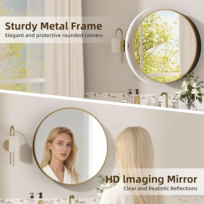 28 x 28 Inch Round Medicine Cabinet with Mirror,Gold Circular Bathroom Cabinet Wall Mounted,Metal Framed Mirror Medicine Cabinet with Adjustable Shelves for Bathroom Vanity