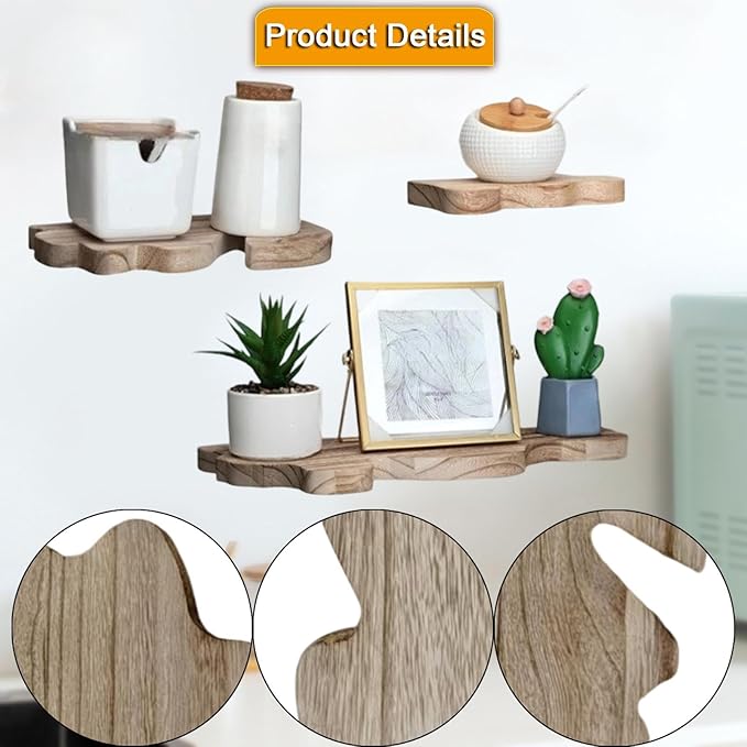 3 Pieces Bathroom Shelves Wall Display Shelves Wood Modern Multipurpose Rustic Cloud Shaped Organizer Stand for Dorm, Light Brown