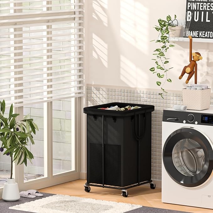 YKDIRECT 150L Large Laundry Hampers Basket with Removable Washing Bag, Oxford Fabric Laundry Hamper Clothes Hampers, Metal Frame Design with Wheels, Suitable for Bedroom, Laundry Room (Black with Bag)