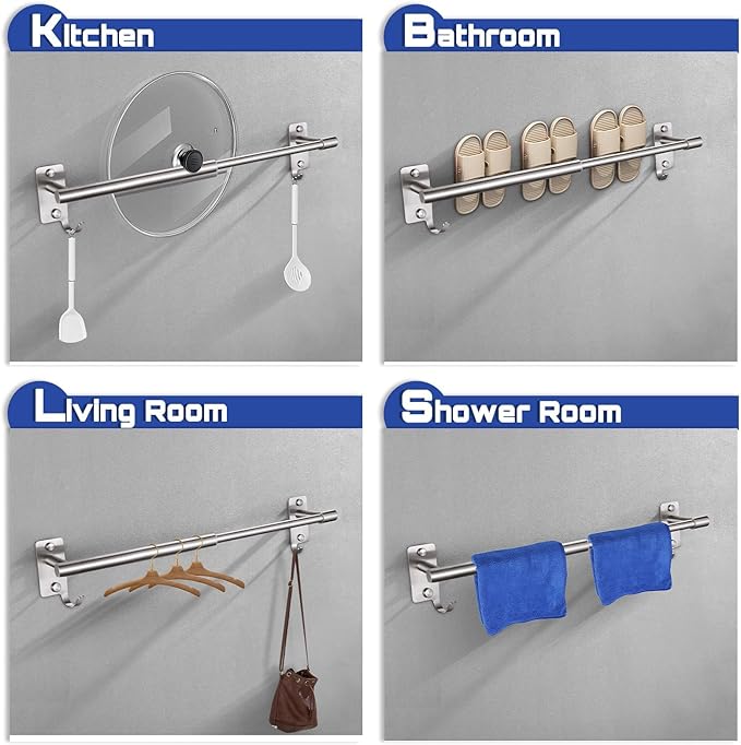Adjustable Towel Rack for Bathroom, Stainless Steel Sturdy Towel Bar Rod (14.5”-23.6”) Wall Mount, Rustproof Towel Holder with Hanger Hook, Space-Saving Towel Rail for Bathroom Kitchen - Brushed