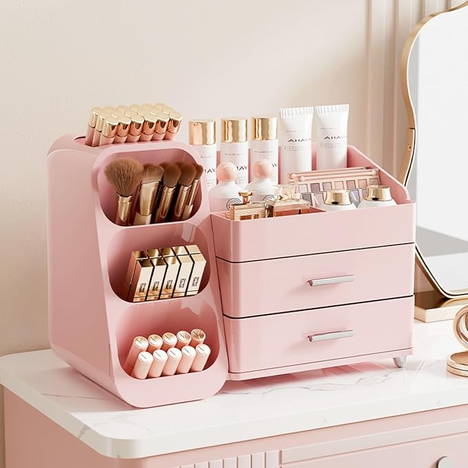 Makeup Organizer for Vanity, Large Capacity Cosmetic Display Case with Drawers, Countertop Beauty Storage Holder for Skincare, Brush Eyeliner Perfume Eyeshadow Lipsticks, Counter Desk, Pink