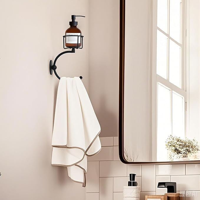 C-Shaped Towel Ring with Top Storage Basket Unique Space Saving Wall Mount Holder for Towels, Candles, Plants & Toiletries, Decorative Metal Accent for Bathroom or Kitchen
