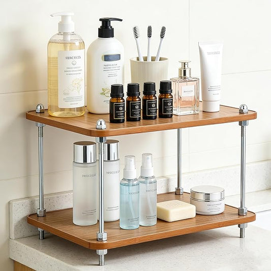 2-Tier Bathroom Counter Organizer Wooden Bathroom Shelf for Makeup Skincare Perfume and Spices Countertop Organizer Shelf for Corner Vanity Coffee Station Kitchen Office and Home Decor