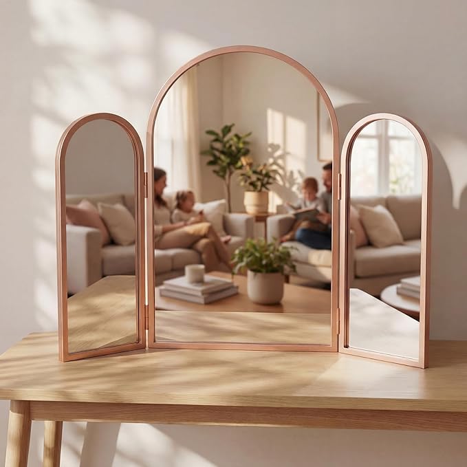 Wonderjune Trifold Vanity Mirrors 3 Way, 30 x 37 in Adjustable Arch Trifold Mirror for Bathroom Bedroom, Decorative Folding 3 Sided Mirror Wall Mounted for Braiding Hair Makeup(Rose Gold)