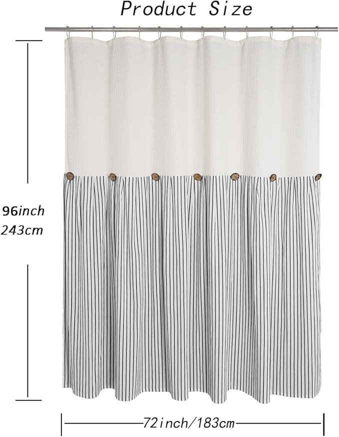 Farmhouse Shower Curtain,Beige and Black Striped,Button Curtain,Spa Waffle and Cotton Woven Fabric,Rustic Charm Country Chic Style,72x96 in