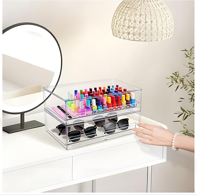 Clear Stackable Storage Drawers,2 Pack Plastic Organizers Bins for Makeup Organizer,Bathroom Makeup Organizer for Palettes,Cosmetic, and Beauty Supplies,Ideal for Vanity, Cabinet,Desk Organization