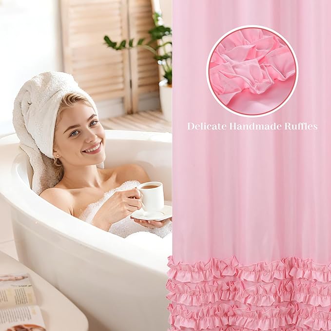Ruffle Shower Curtain, Pink Girls Women Fabric Shower Curtain with Delicate Handcrafted Ruffles, Waterproof Ruched Farmhouse Decorative Bathroom Curtain, 72" W x 72" H