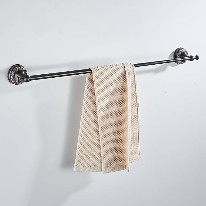 Oil Rubble Bronze Brass Single Towel Bar, Adjustable 15.5 to 27.5 Inch Bath Towel Bar Rack for Bathroom Towel Holder, Wall Mounted Black Bathroom Hardware Accessories,Pattern Carving Design