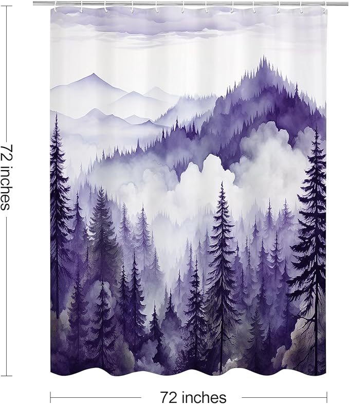 Purple Misty Pine Forest Shower Curtain, Mountain Foggy Woodland Scenery Tree Shower Curtains for Chic Rustic Bathroom, Abstract Modern Waterproof Nature-Themed Decor, 72x72 Inches