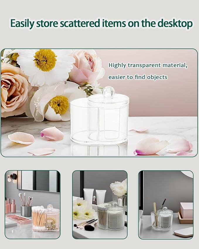 Clear Plastic 2-in-1 Cotton Swab Dispenser & Makeup Pad Holder - Shatterproof Bathroom Vanity Organizer Apothecary Jars for Cotton Rounds, Balls, Floss Picks, Hair Ties & Beauty Sponges