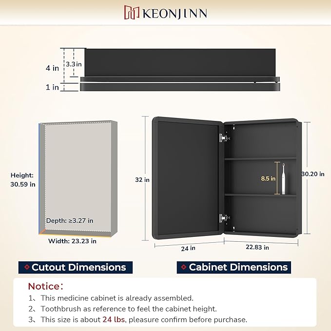 Keonjinn 24 x 32 Inch Brushed Nickel Mirrored Medicine Cabinet, Recessed Medicine Cabinets for Bathroom, Stainless Steel Framed, Stepless Adjustable Shelves, in Wall or Surface Mount, Modern Style