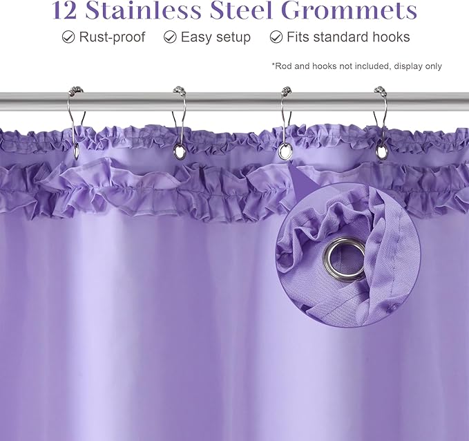 Purple Ruffle Shower Curtain, Girls Women Fabric Shower Curtain with Delicate Handcrafted Ruffles, Waterproof Ruched Farmhouse Decorative Bathroom Curtain, 72" W x 72" H